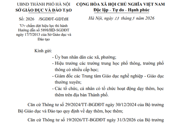 Chấm dứt hiệu lực thi hành Hướng dẫn số 5898/HD-SGDĐT ngày 17/7/2013 của Sở Giáo dục và Đào tạo